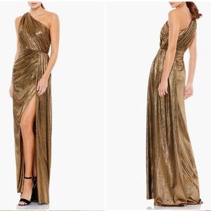 MAC DUGGAL 26537 METALLIC ANTIQIE GOLD GRECIAN THIGH SLIT GOWN sz 2